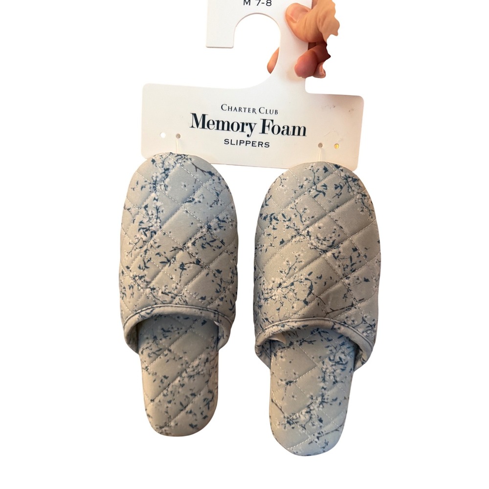 Charter Club Slippers Women M 7-8 Blue New Floral Quilted Memory Foam Indoor Out